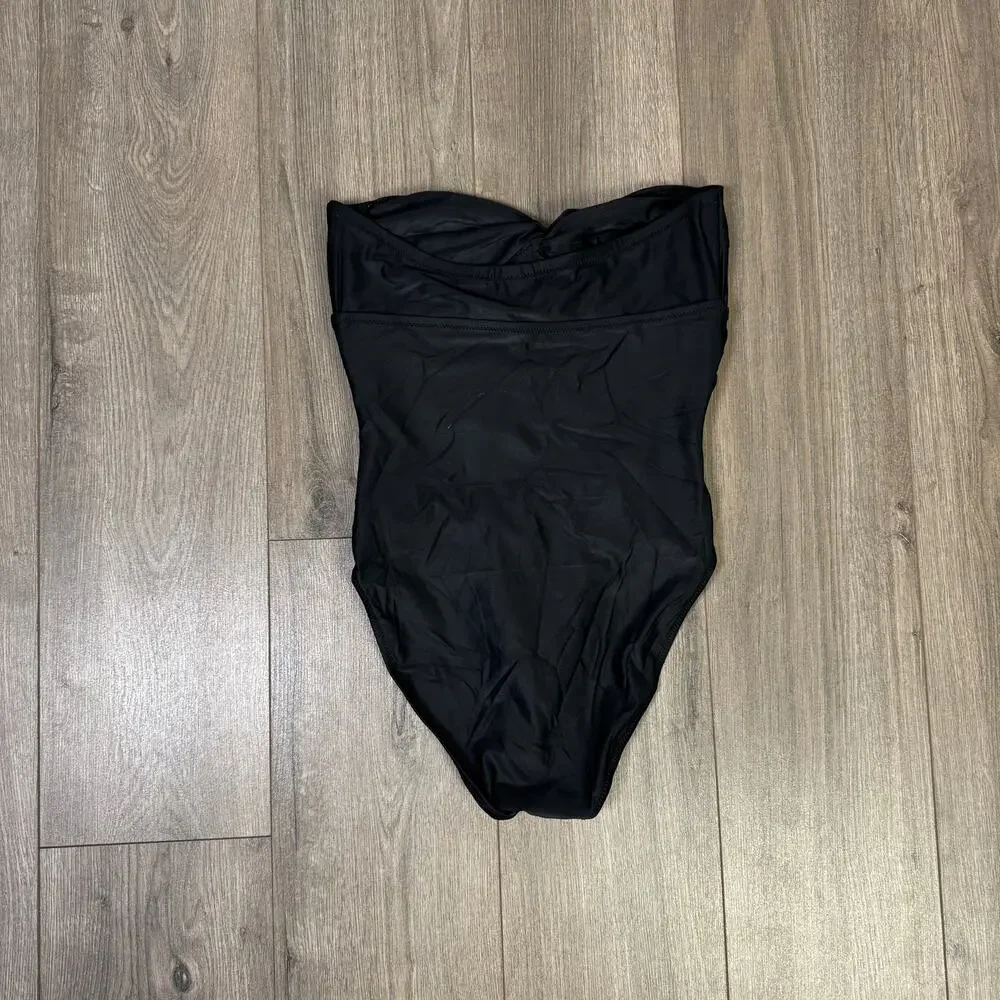 J.Crew Gemma Ruched Bandeau Cut-out One Piece Swimsuit 10 Black Removable Straps